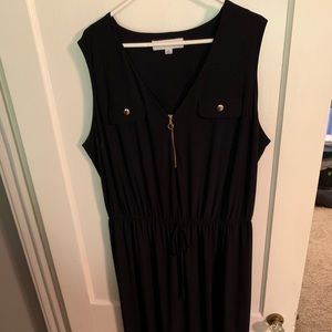 Long navy dress with gold accents